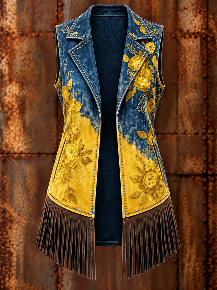 Women's Western Art Print Sleeveless Fringe Jacket